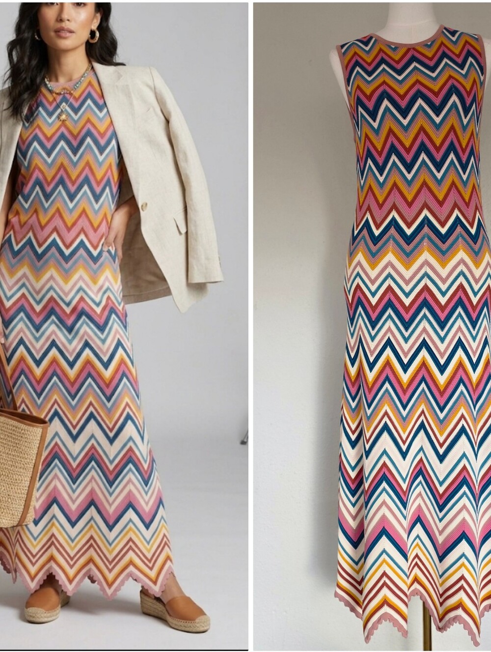 Shoshanna Leia Chevron Knit Midi Dress Sleeveless Retro Stripe Size L